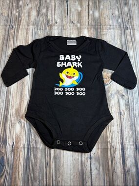 Warehouse Black Baby Shark Long-Sleeve Bodysuit with Yellow & Blue Graphic